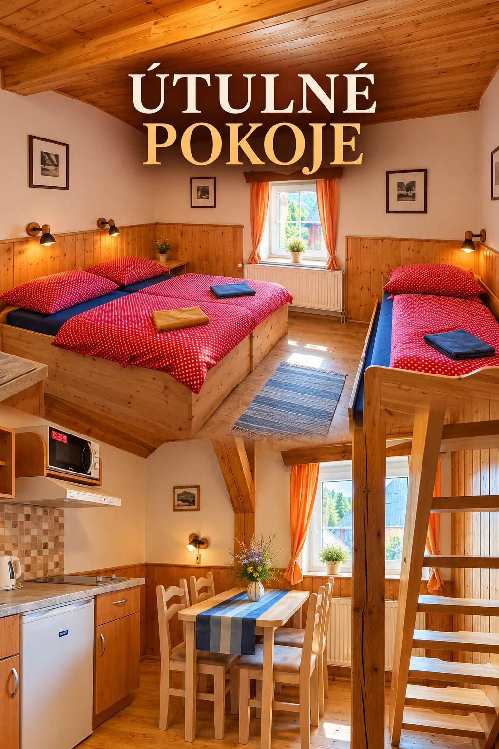 Útulný pokoj s dřevěným nábytkem a červeným povlečením v Penzionu Pod Světlým vrchem