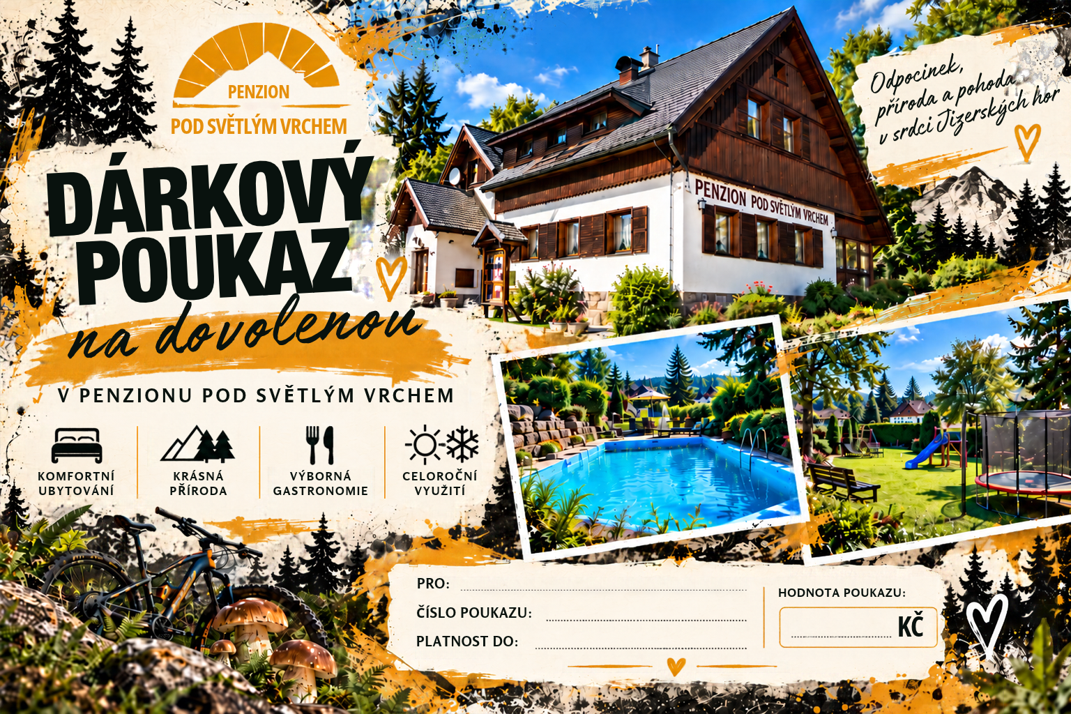 Dárkový poukaz na letní dovolenou v Penzionu Pod Světlým vrchem s bazénem