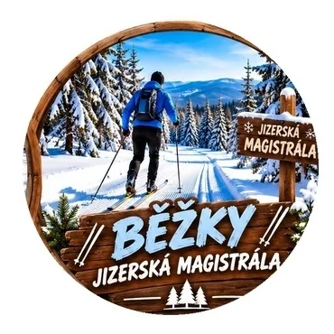 Běžec na lyžích v zasněžené krajině Jizerské magistrály, nápis BĚŽKY a logo na kruhovém štítu.