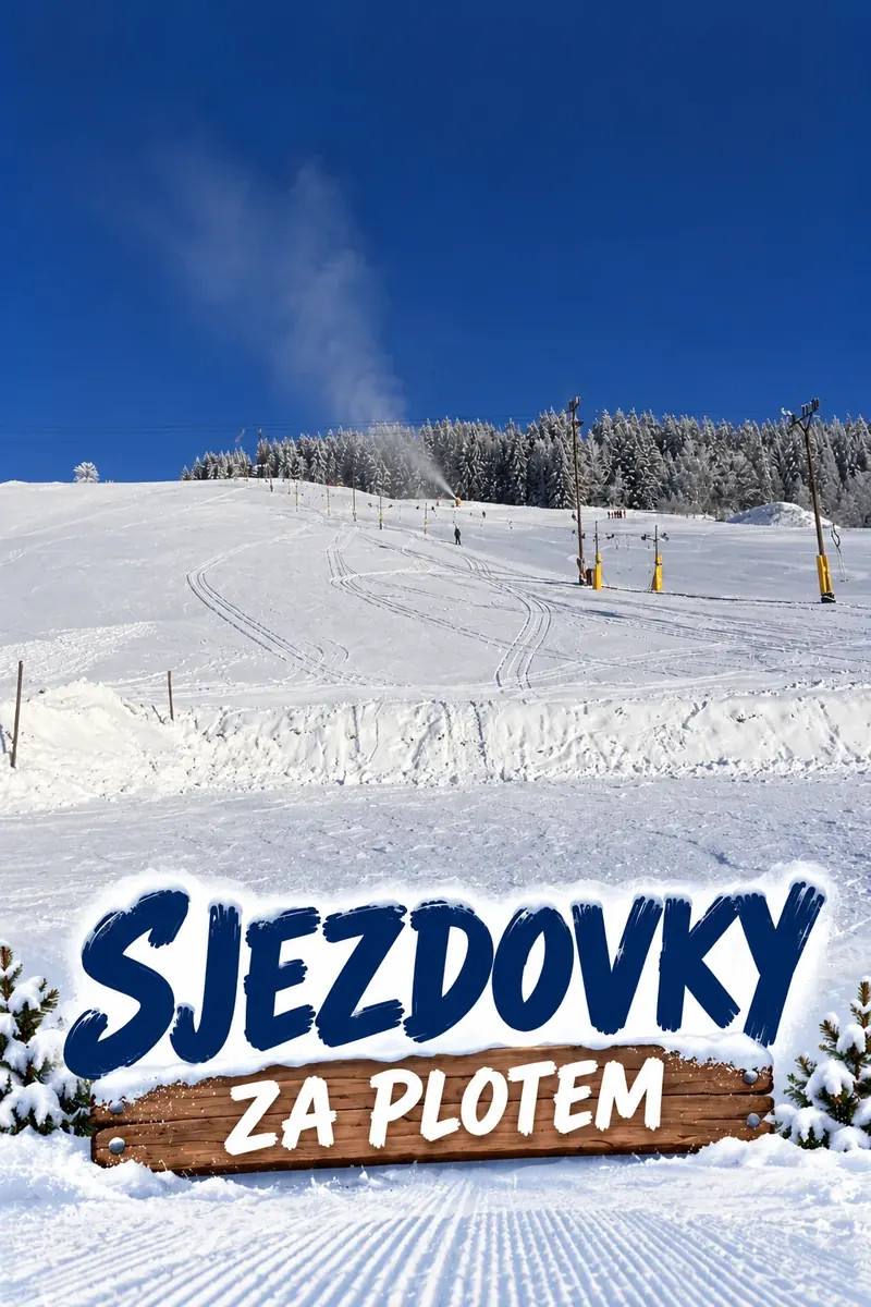 Lyžaři na zasněžené sjezdovce v Jizerských horách v okolí Penzionu Pod Světlým vrchem