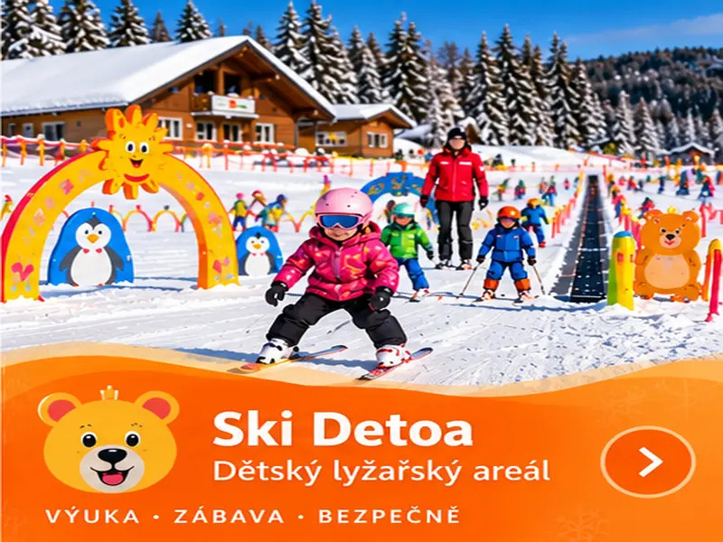 Dětský lyžařský areál Ski Detoa s barevnými prvky pro výuku lyžování.